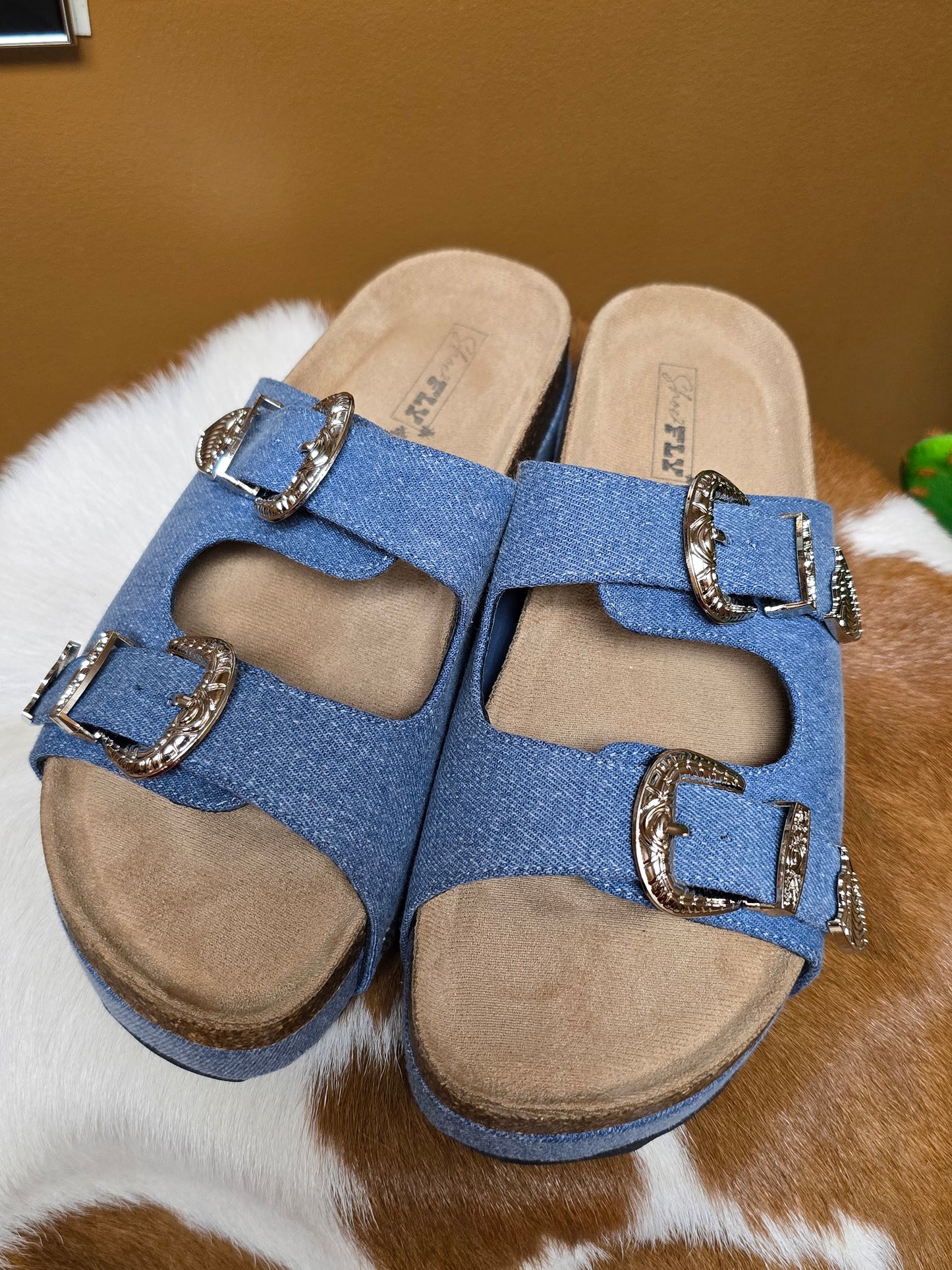 Platinum Buckle Denim Sandal