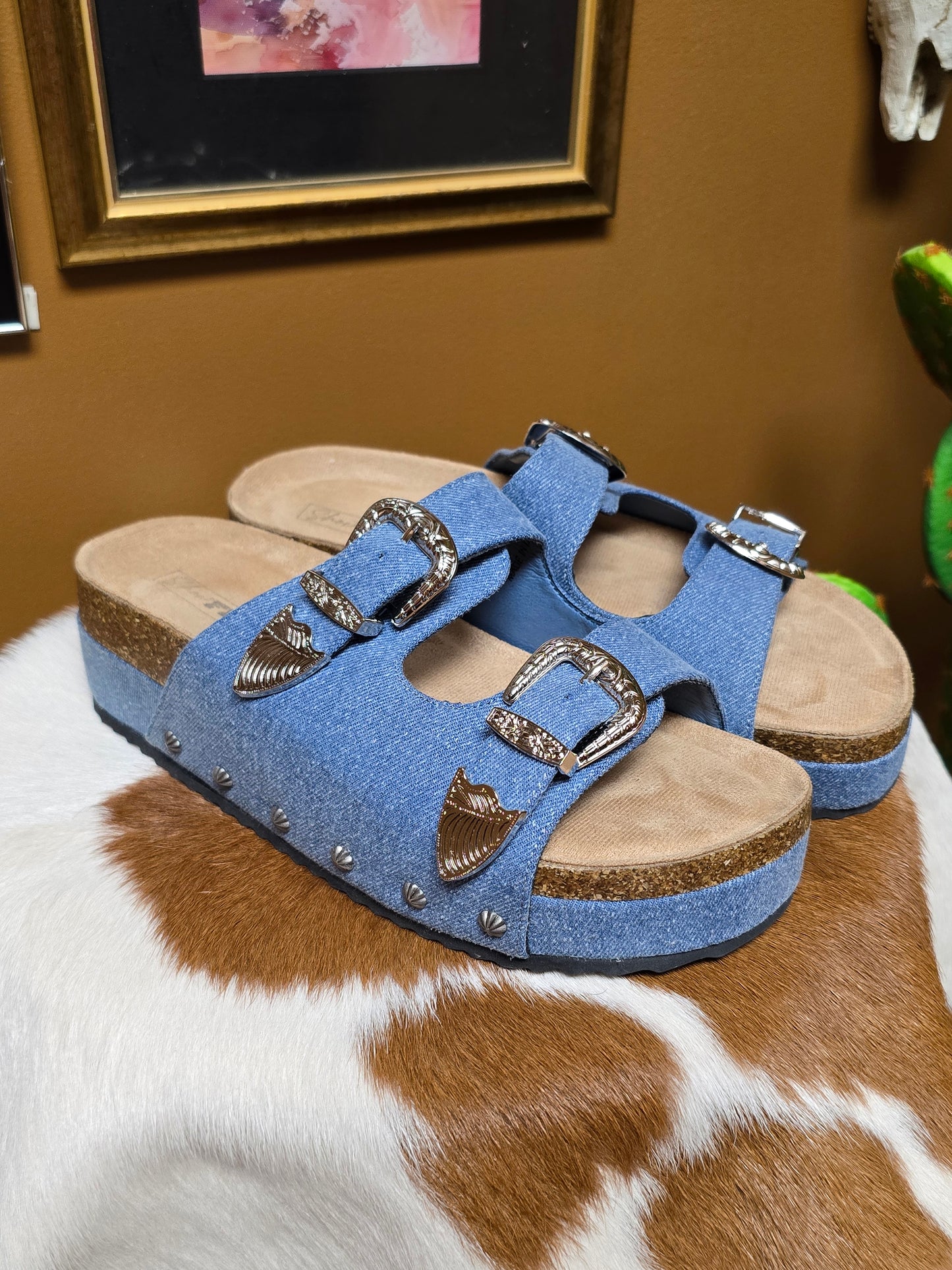 Platinum Buckle Denim Sandal