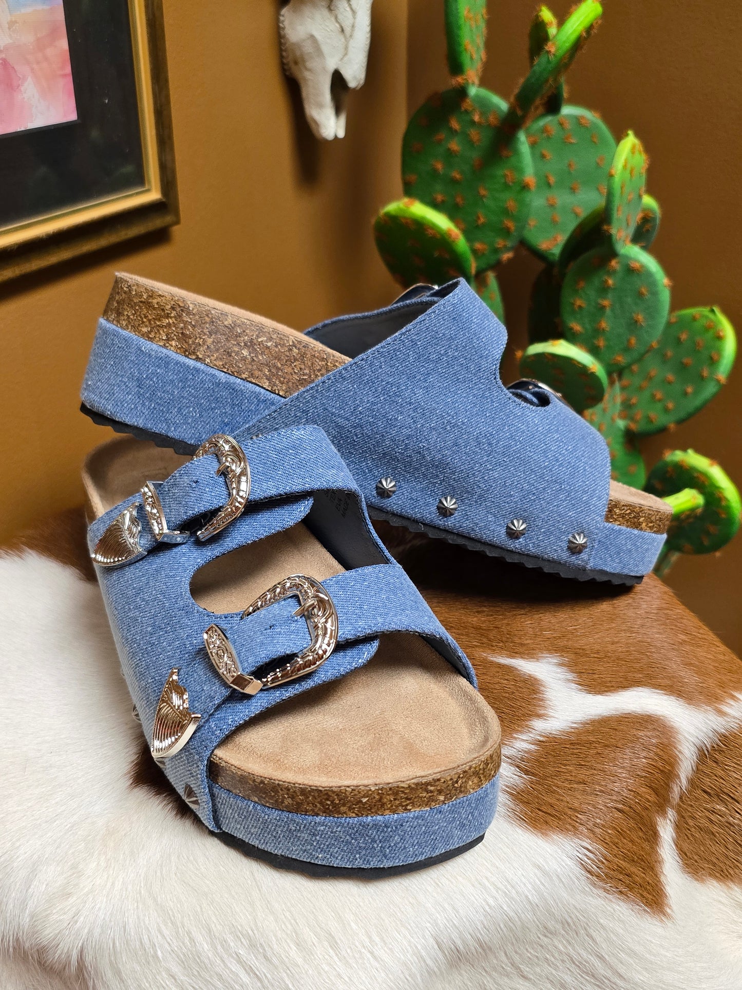 Platinum Buckle Denim Sandal