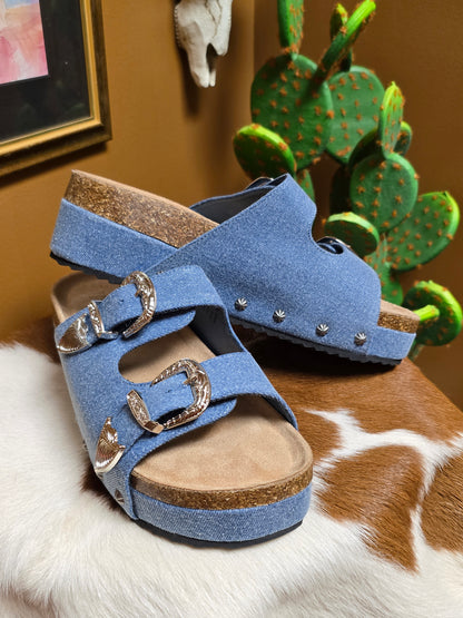 Platinum Buckle Denim Sandal